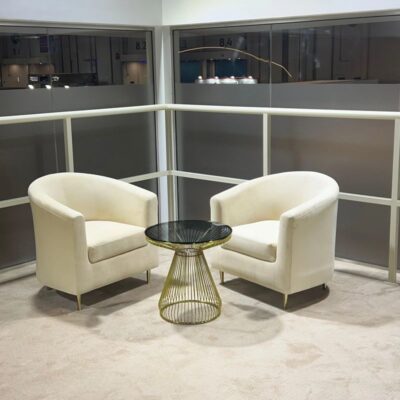 Luxury Event Furniture Rentals: Beige Bucket Sofa and Gold Coffee Table in Dubai, Abu Dhabi, and UAE