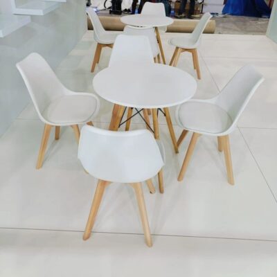 Modern Seating and Table Rentals: Eames Scandinavian Wooden Leg Chair and Tulip Exhibition Table in Dubai, Abu Dhabi, and UAE
