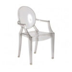 Elegant transparent acrylic Ghost Chair with armrests, perfect for weddings and corporate events.