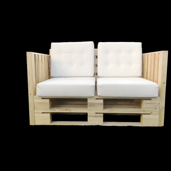 Two-seater beige pallet sofa and lounge seating available for rent in Dubai, ideal for outdoor events and stylish gatherings.