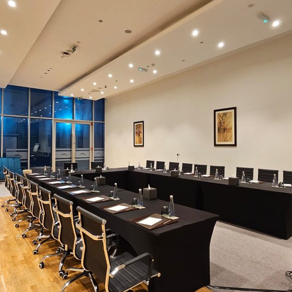 Black Office Meeting Chair and Banquet Table with black full spandex cover for rent in Dubai, Abu Dhabi and UAE.