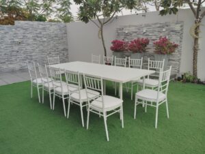 Setup of White Conference Meeting Tables with White Chiavari Chairs for Event Rentals in Dubai, Sharjah, Abu Dhabi, Ajman, UAE