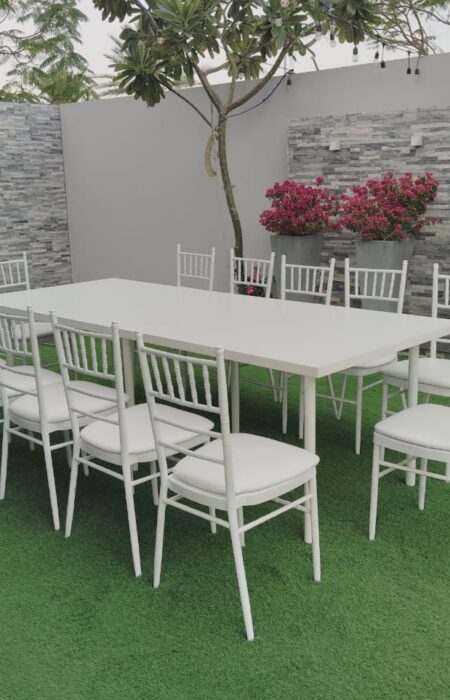 White Banquet Dining Table and White Chiavari Chairs with Cushion Dining Chairs for rent in Dubai, Abu Dhabi and UAE.