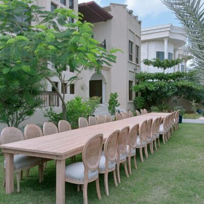 Wooden Rustic Dining Table and Netback Beige Dior Dining Chair for rent near me in Dubai, Abu Dhabi and UAE.