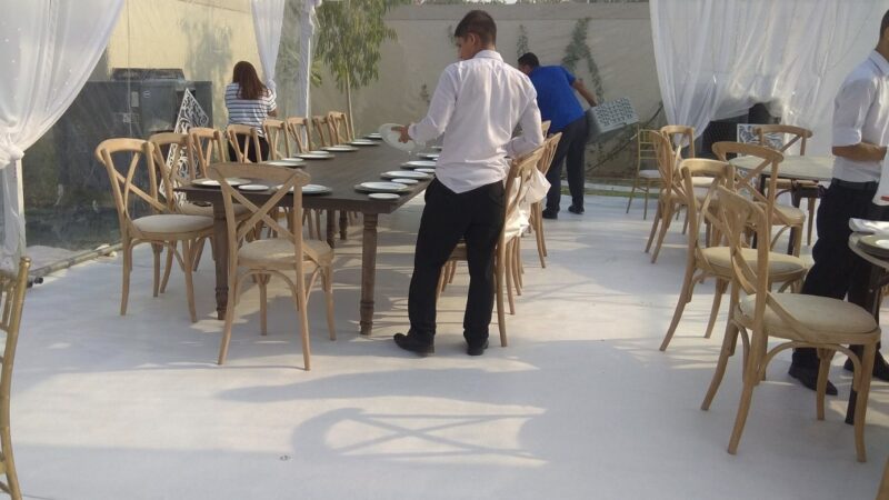 Crossback Dining Chairs and Tables for rent in Dubai and UAE Behind the scenes setup