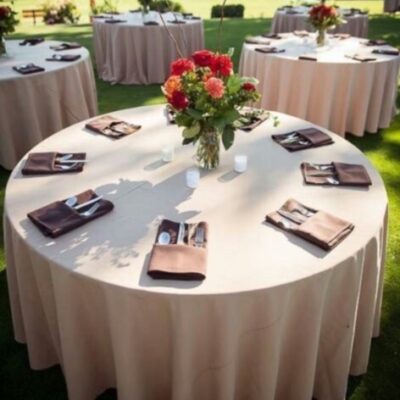 Round Banquet Table with Brown Beige Cover for rent in Dubai, Abu Dhabi and UAE