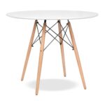 Scandinavian round dining table set up for an elegant event with minimalist design