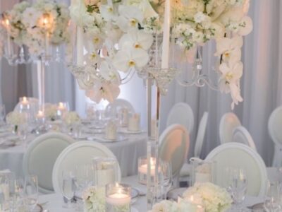 White Dior Chair and Round Banquet Table, Centrepiece for rent in Dubai, Abu Dhabi and UAE