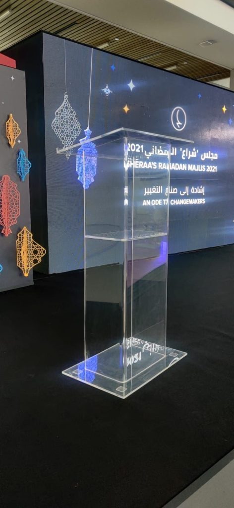 Acrylic podium available for rent throughout the UAE for various events.