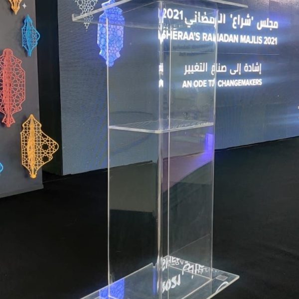 Acrylic podium available for rent throughout the UAE for various events.