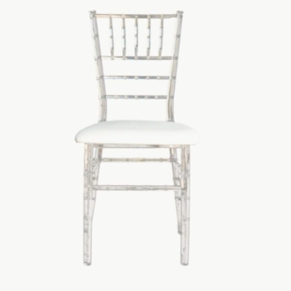 Clear Acrylic Chiavari Chair available for rent in Dubai, ideal for modern events, weddings, and exhibitions. Elegant transparent design.