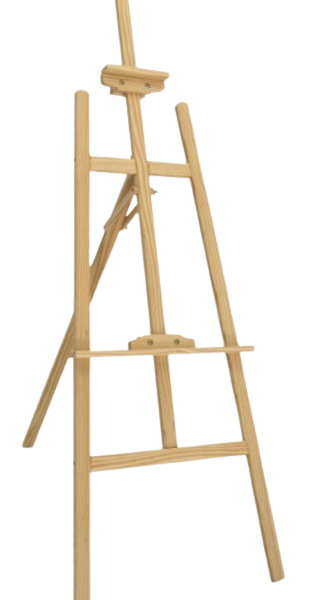 Wooden easel stand available for rent from Qamar Event Rentals, ideal for events and exhibitions in Dubai and UAE.