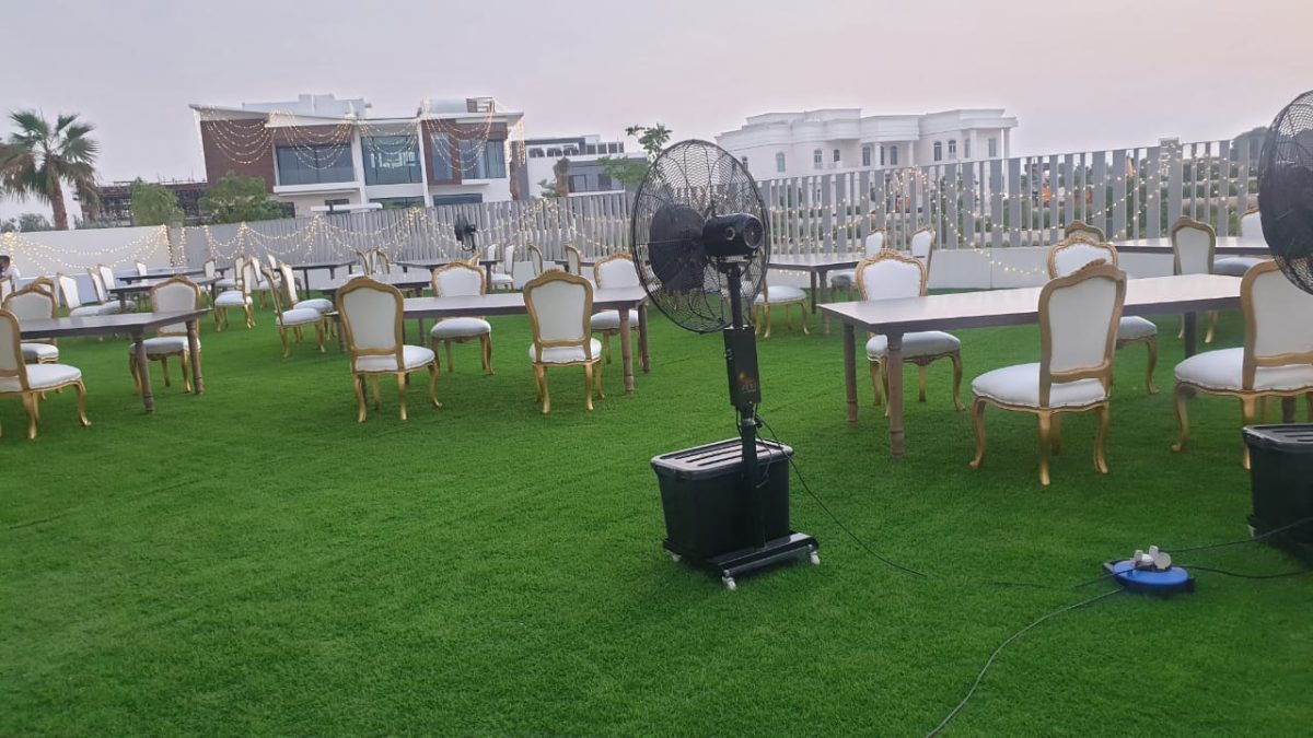 Eliza Gold Dior Chair, Mist Fan & Dark Majestic Table for Rent – Elegant Event Furniture and Cooling Solutions Available in Dubai, Abu Dhabi, Sharjah, and UAE