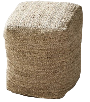 Various styles of ottomans and poufs from Qamar Event Rentals, including jute and modern designs, available for rent in Dubai and UAE.