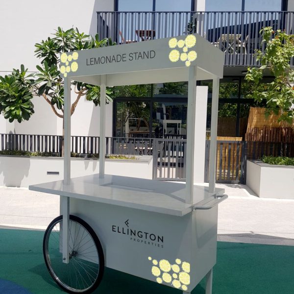 White carts available for rent for lemonade setups in Dubai, Abu Dhabi, Sharjah, Ajman, and the UAE, including candy carts, dessert carts, and rustic display carts.