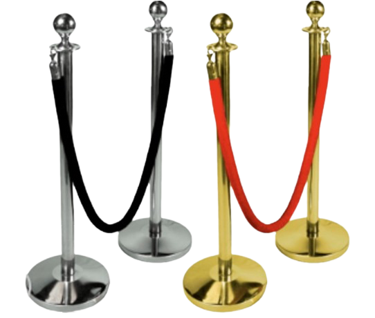 Silver and gold stanchions with ropes for rent by Qamar Event Rentals. Available in Dubai, Abu Dhabi, Ajman, Sharjah, Umm Al Quwain, Fujairah, and Ras Al Khaimah. Ideal for crowd control and event organization.