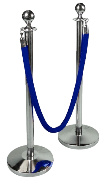 Silver poles with blue ropes for event rental by Qamar Event Rentals. Available across Dubai, Abu Dhabi, Ajman, Sharjah, Umm Al Quwain, Fujairah, and Ras Al Khaimah. Ideal for crowd control and event setups.