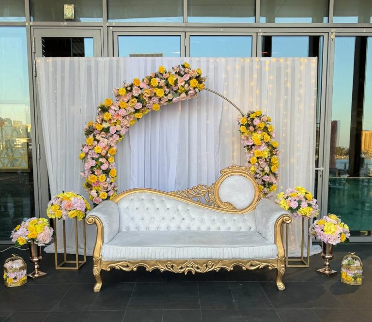 Elegant bridal sofa available for rent from Qamar Event Rentals, ideal for weddings and special events. Available in various styles and colors.