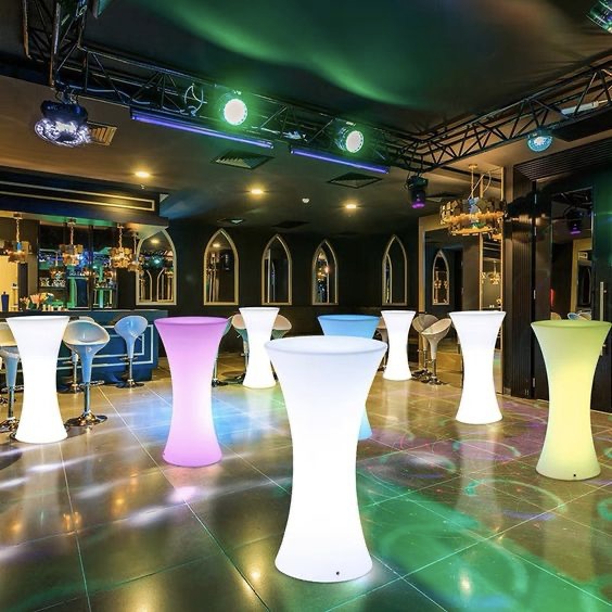 LED Cocktail Table with illuminated top and sides, available for rent in Dubai, Abu Dhabi, and Sharjah. Ideal for outdoor and night-time events, waterproof and stylish.