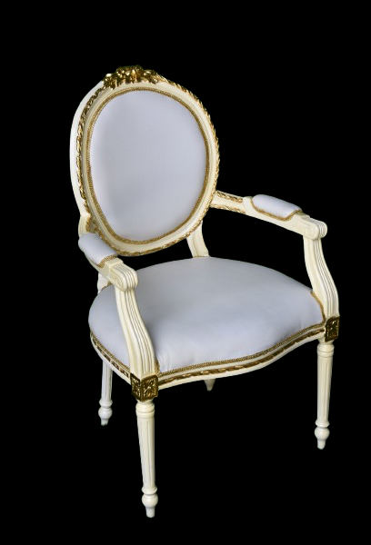 White Dior Gold Edges Arm Chair available for rent from Qamar Events for upscale events in Dubai and the UAE.