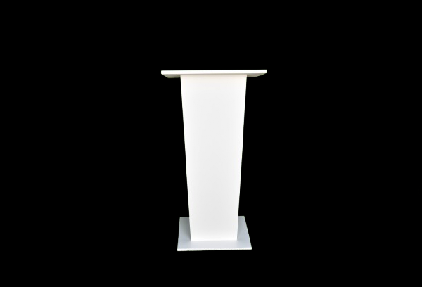 White podium available for rent from Qamar Event Rentals, suitable for conferences and exhibitions in Dubai, Abu Dhabi, Sharjah, Ajman, Ras Al Khaimah, Umm Al Quwain, and Fujairah.