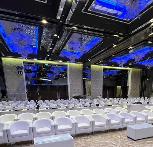 Event furniture rentals in Dubai & Abu Dhabi including bucket sofas, Alfa coffee tables, banquet chairs, and tables.