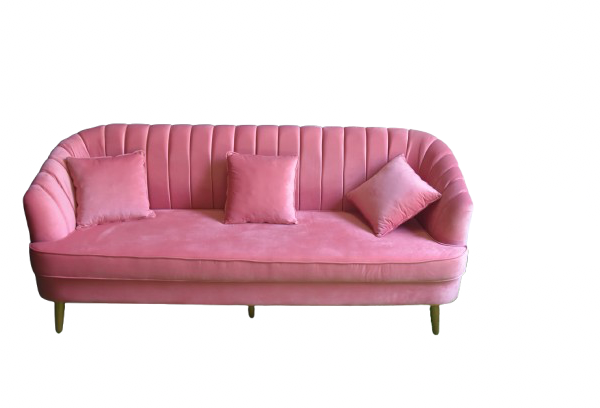 Pink Nova Sofa available for rent from Qamar Event Rentals, perfect for stylish event setups in Dubai, featuring a luxurious design suitable for various occasions.