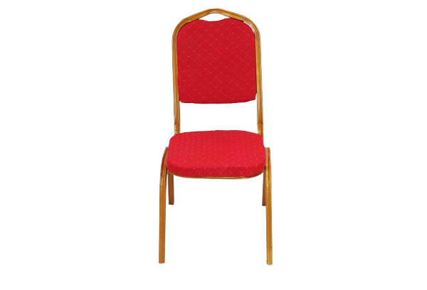 Image Show Casing Banquet Chair without cover for rent in Dubai, Abu Dhabi and UAE featuring red seating and back support with gold metal frame.