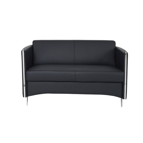 Black two-seater executive sofa rental from Qamar Event Rentals, ideal for exhibitions, corporate events, weddings, and parties.