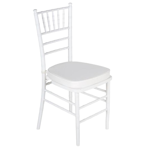 White Chiavari Chair with a seating white cushion for rent in Dubai - Wedding, VIP, lUXURY, cONFERENCE AND PARTIES FURNITURE