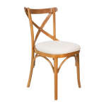 A picture of our cross back or X back Wooden Chair with beige seating cushion for rent in Dubai and nearby areas