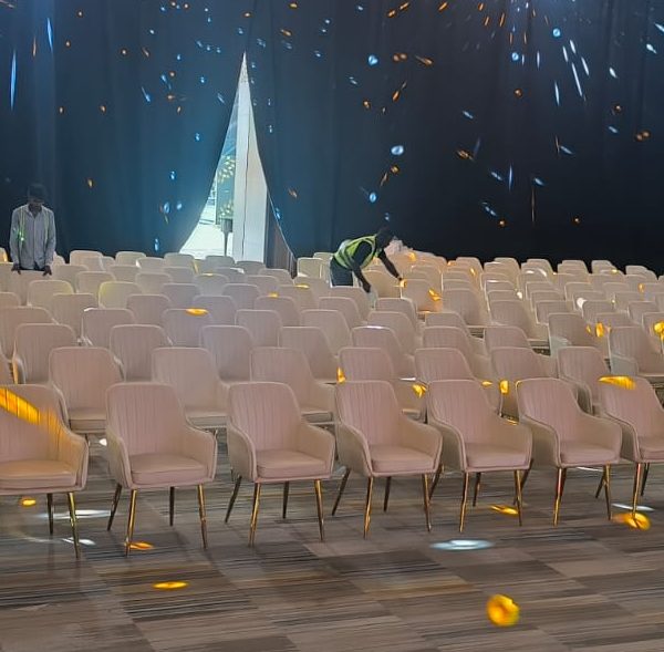 Oslo Chair- Gold Leg - Beige Seating and back with arms - Event Furniture Rentals in Dubai, Abu Dhabi, and UAE.