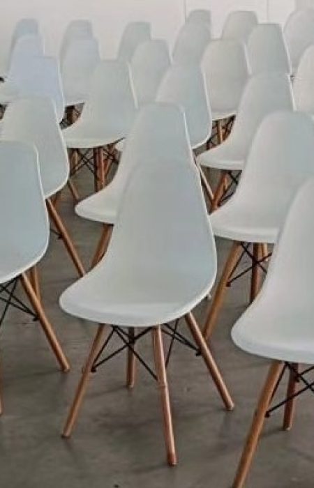 Image of event furniture rentals including Tulip Arm Chair, Eames Chairs, and stylish party chairs for rent in Abu Dhabi and Dubai.